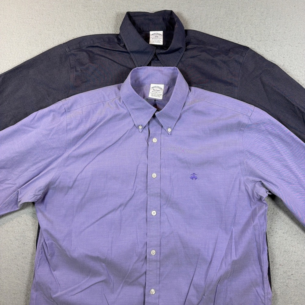 Brooks Brothers Shirt Men Large Regent Logo Fit Button Non-Iron Stretch Lot of 2